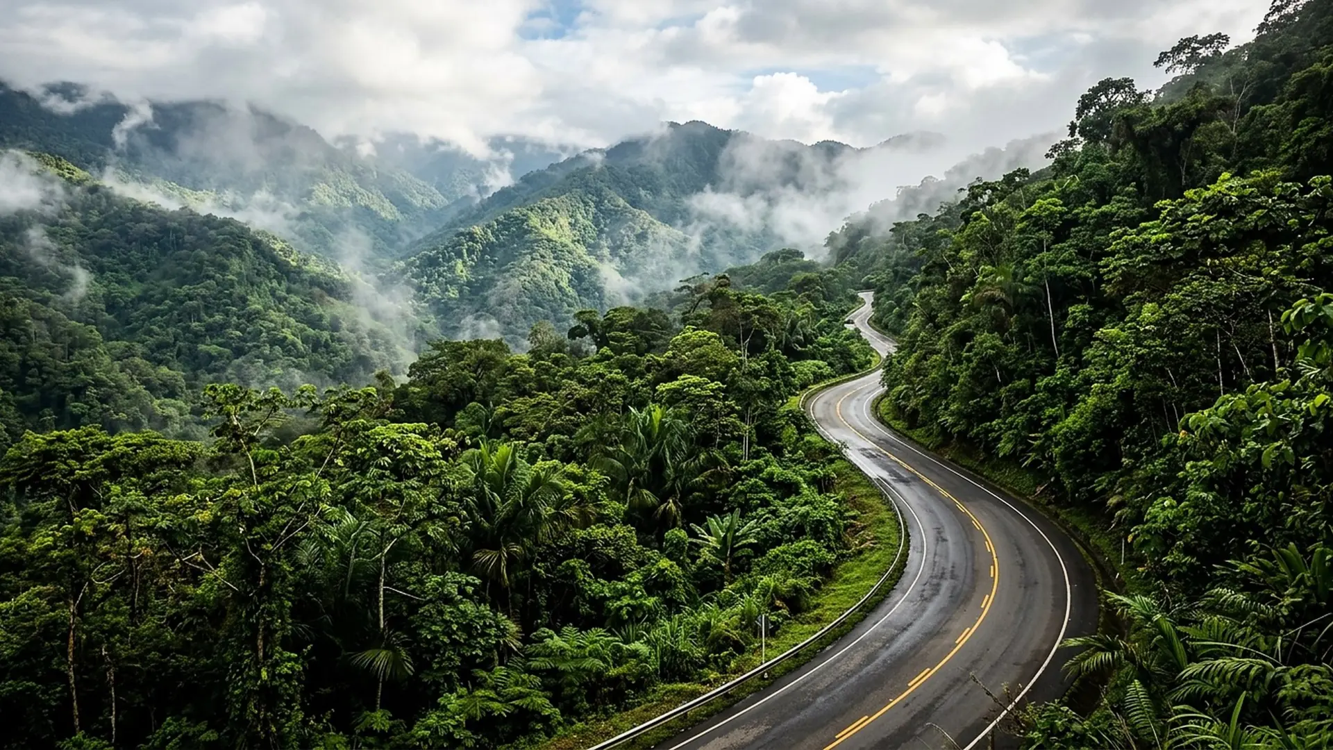 Carretera asfaltada sin autos serpenteando en medio de la selva peruana y montañas verdes